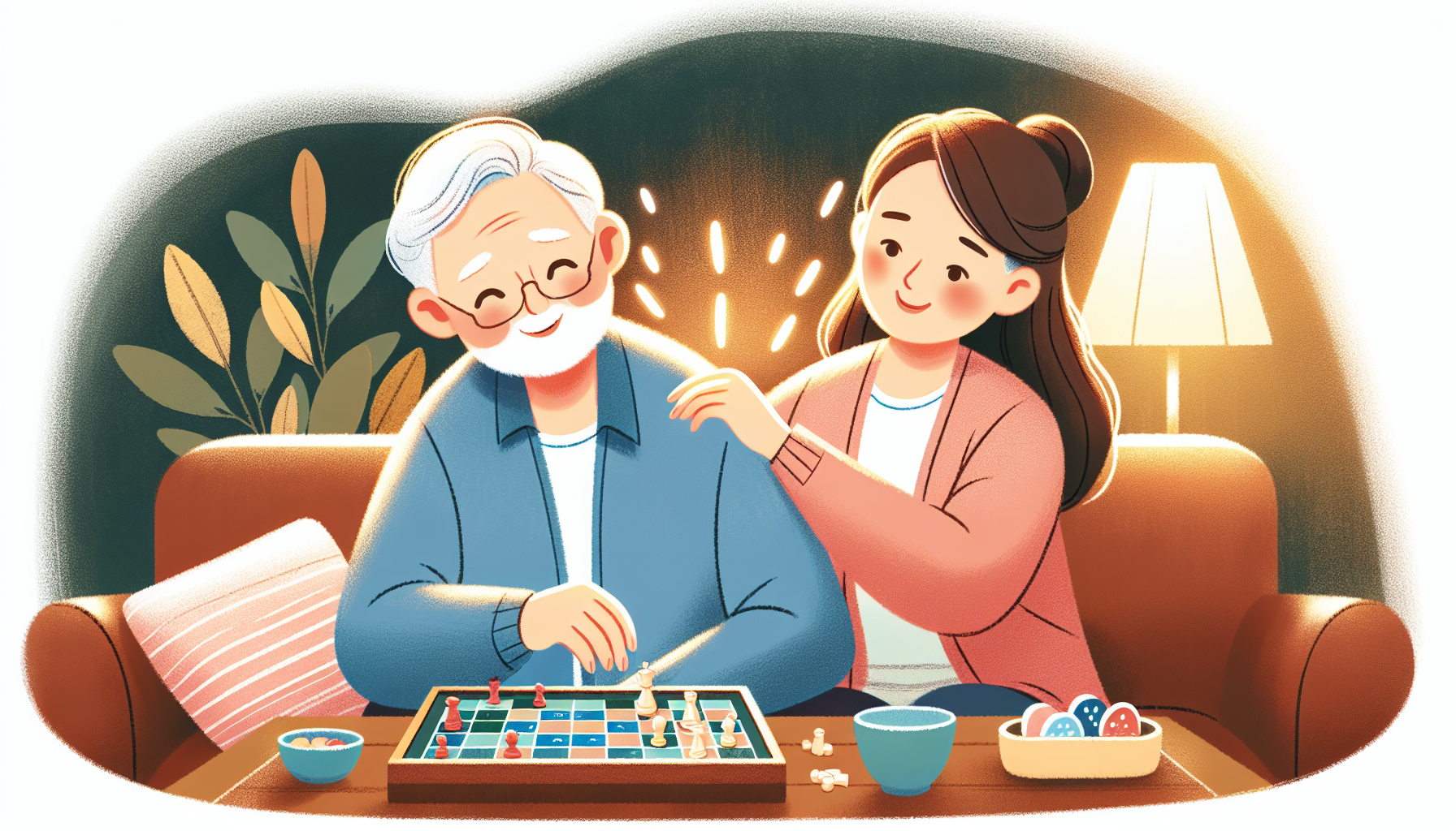 Care companion and senior playing a board game