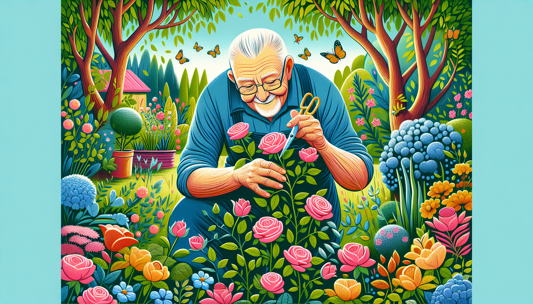 Elderly person enjoying gardening in a backyard