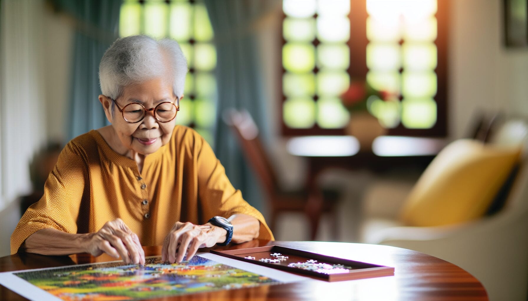 Elderly woman doing a puzzle