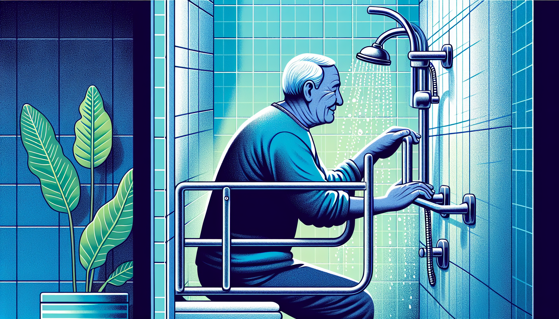 Elderly person using grab bar for support in the shower