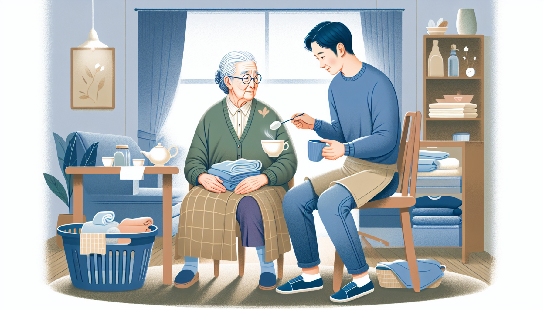 Illustration of a person with dementia needing assistance with daily activities from 2nd Family