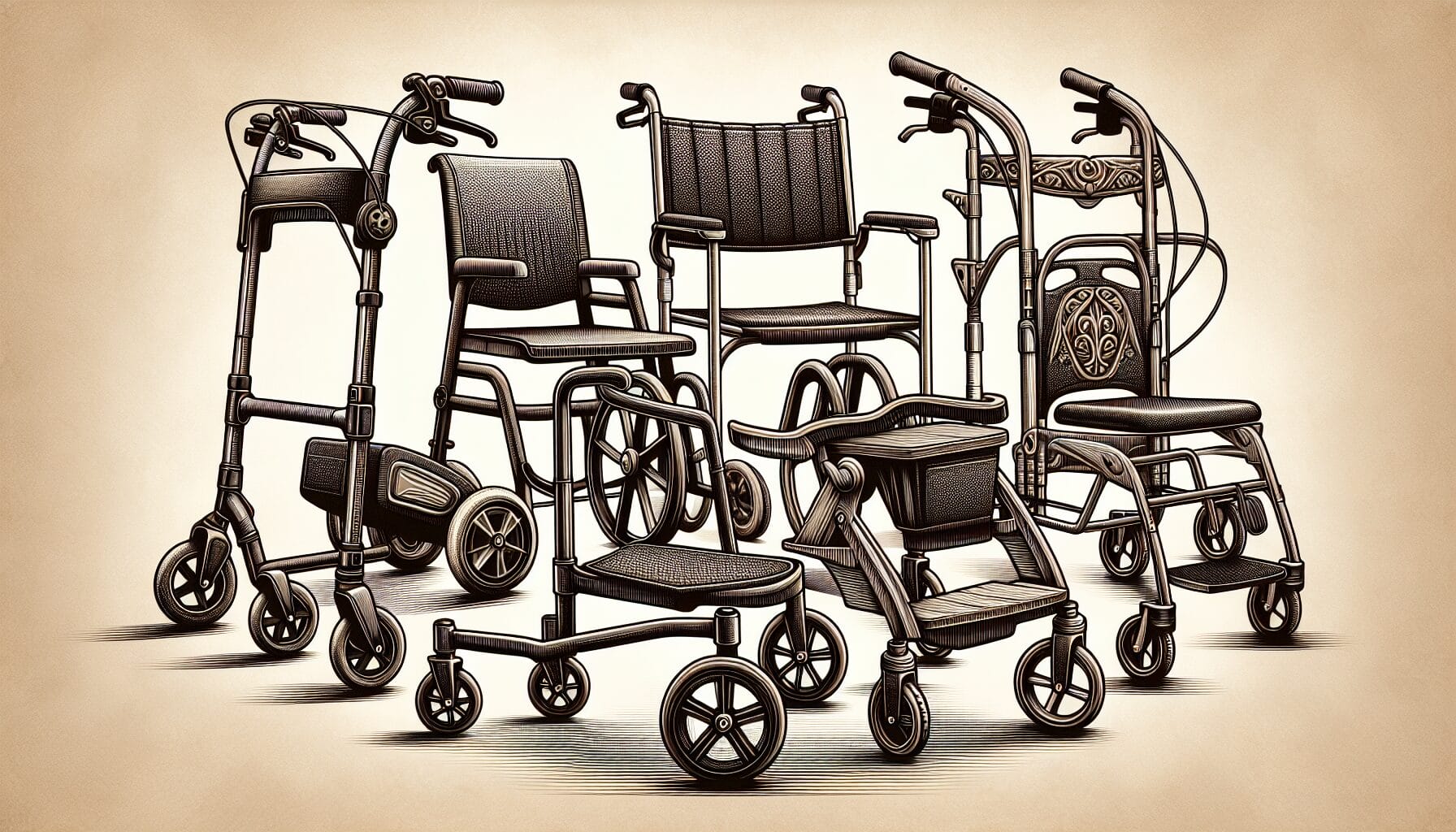 Illustration of different types of rollators including three-wheeled, four-wheeled, heavy-duty, and foldable models