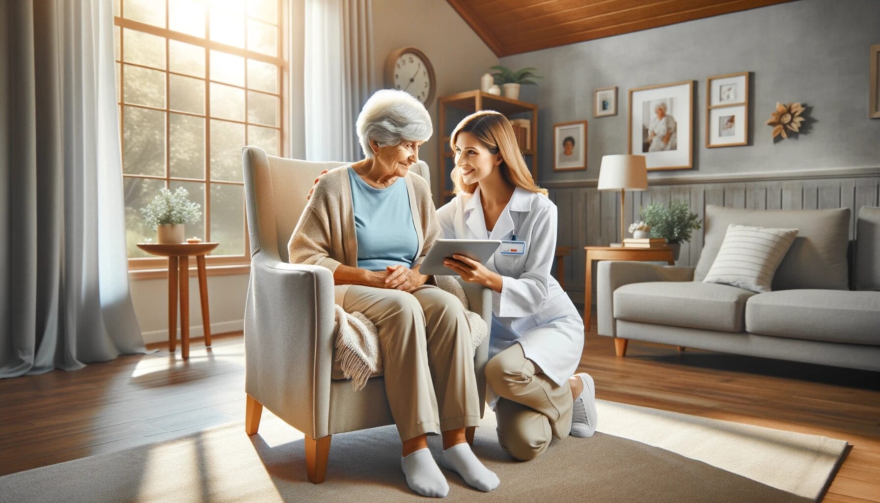 2nd Family caregiver showing an elderly woman a clipboard