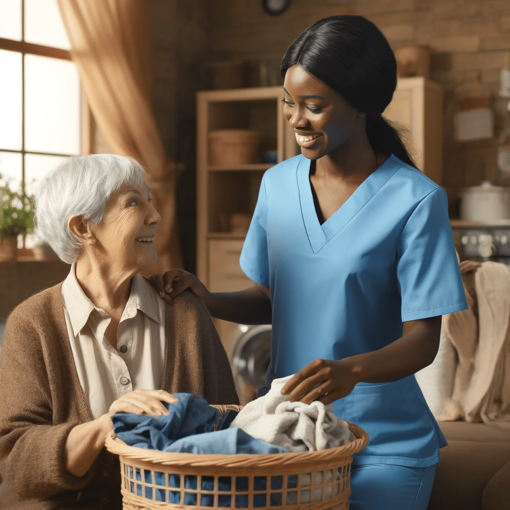 A caregiver preparing to fold laundry next to an elderly woman