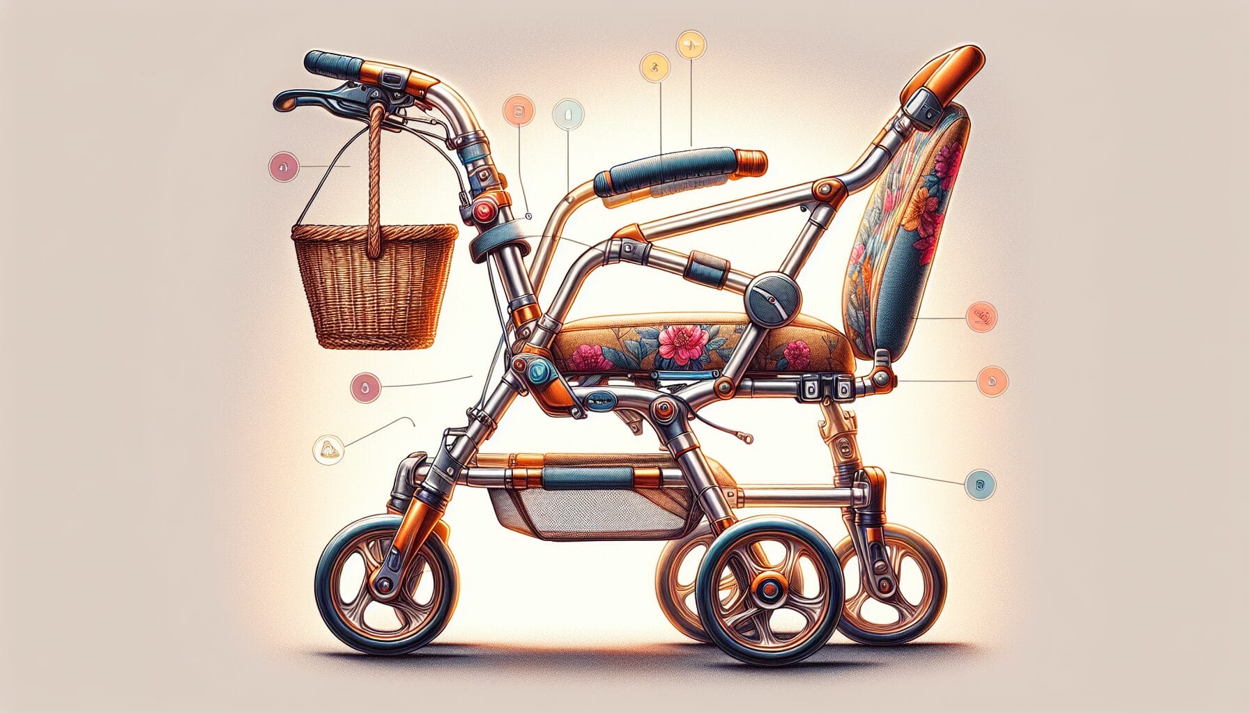 2nd Family - an Illustration of rollator accessories and customization options such as seat cushions, comfortable grips, and storage baskets