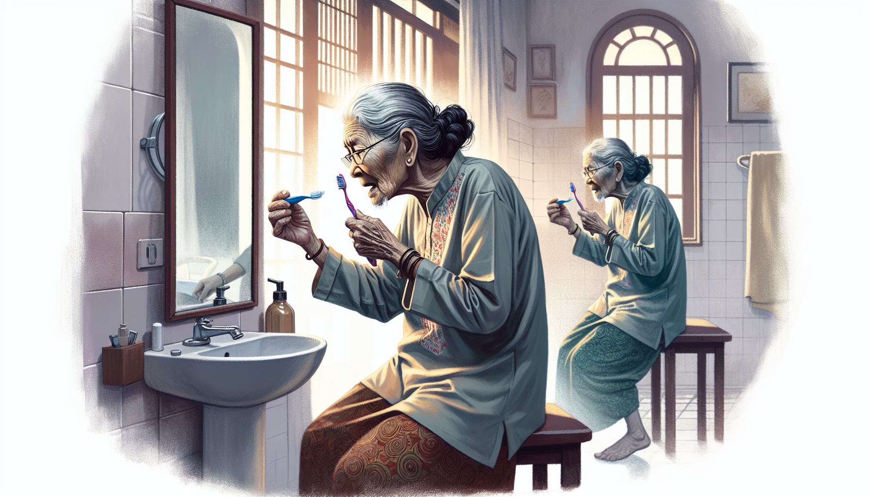 Illustration of a person with dementia struggling with daily living activities