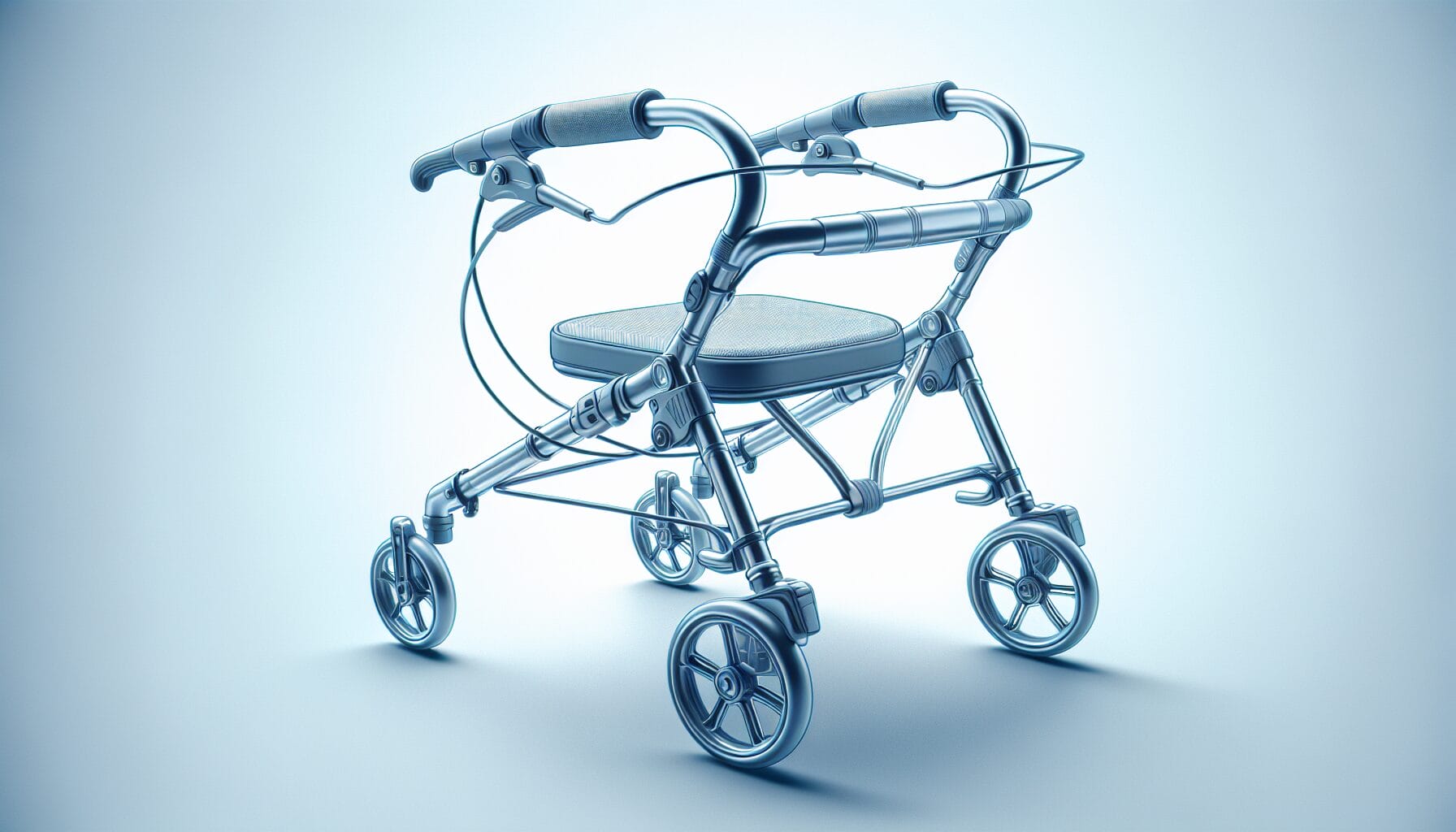 Illustration of a rollator with a lightweight frame, handlebars, and a built-in seat