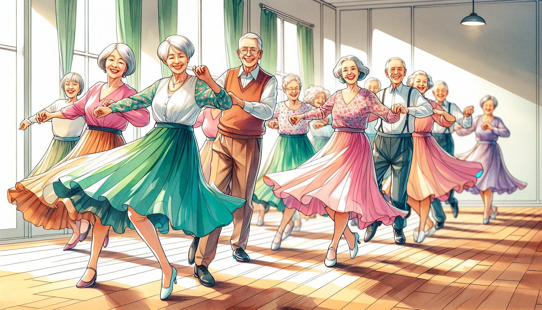 Elderly individuals dancing in a group dance class