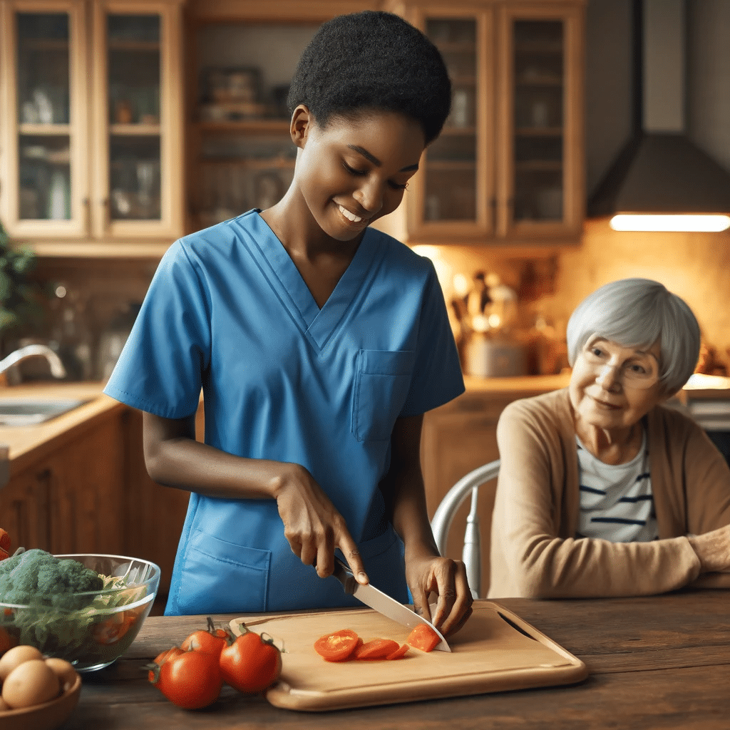 A caregiver cutting tomatoes with an elderly woman.