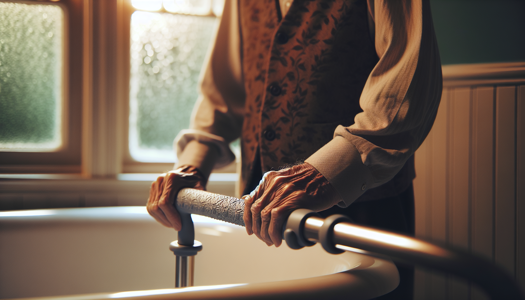 Elderly person holding onto a bathroom grab bar for support